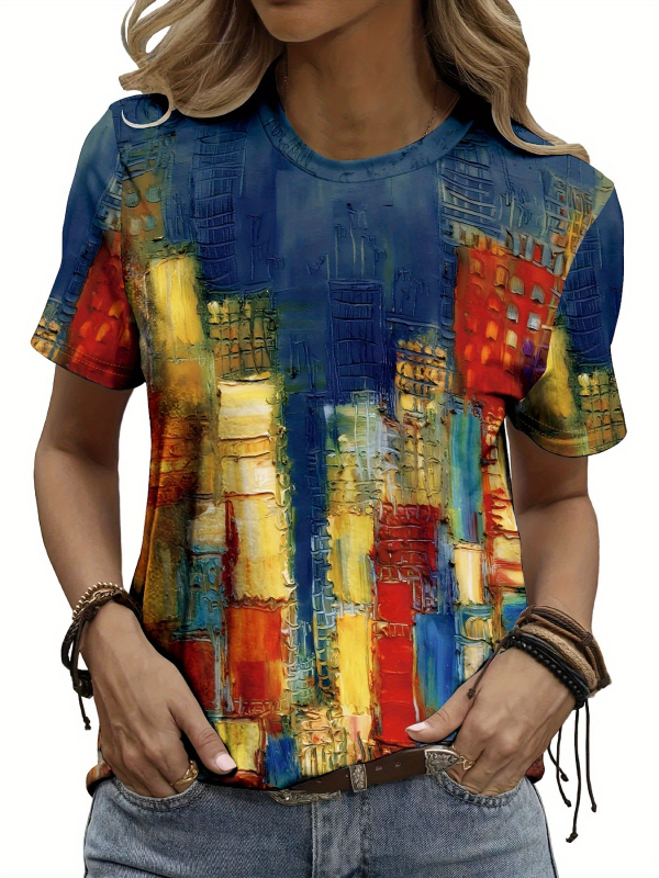 Európai és amerikai népszerű női absztrakt festésű, színes blokkos varrású, újdonságokkal díszített, kerek nyakú póló, rövid ujjú női felső