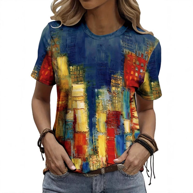 Tricou cu mânecă scurtă pentru femei, model european și american, de vânzare fierbinte, pictură abstractă, cusături color block, imprimare nouă, guler rotund, tricou