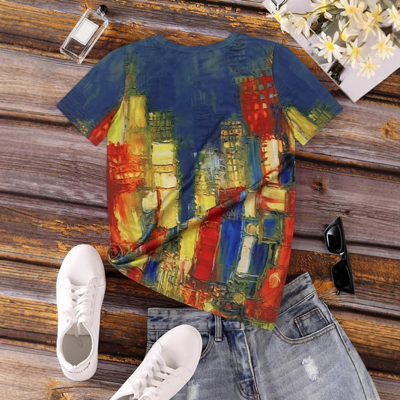Európai és amerikai népszerű női absztrakt festésű, színes blokkos varrású, újdonságokkal díszített, kerek nyakú póló, rövid ujjú női felső