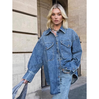 KHA * TE Street Denim Jacket Φθινόπωρο και Χειμώνας Πλυμένο Χιονονιφάδα με Τσέπες στους Ώμους Χαλαρό Αδυνάτισμα Niche Πουκάμισο Γυναικείο