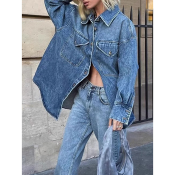 KHA * TE Street Denim Jacket Φθινόπωρο και Χειμώνας Πλυμένο Χιονονιφάδα με Τσέπες στους Ώμους Χαλαρό Αδυνάτισμα Niche Πουκάμισο Γυναικείο