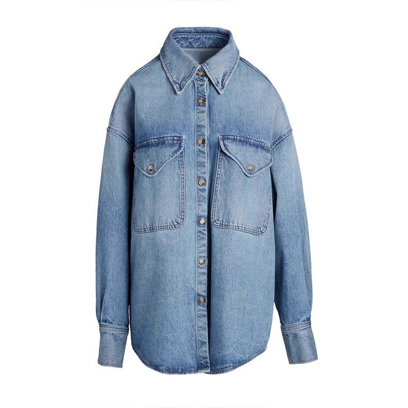 KHA * TE Street Denim Jacket Φθινόπωρο και Χειμώνας Πλυμένο Χιονονιφάδα με Τσέπες στους Ώμους Χαλαρό Αδυνάτισμα Niche Πουκάμισο Γυναικείο