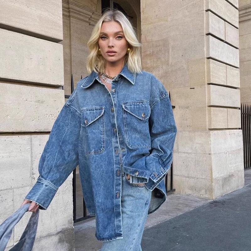 KHA * TE Street Denim Jacket Φθινόπωρο και Χειμώνας Πλυμένο Χιονονιφάδα με Τσέπες στους Ώμους Χαλαρό Αδυνάτισμα Niche Πουκάμισο Γυναικείο