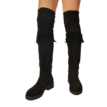 Καουμπόικες μπότες με χοντρό τακούνι, χοντρό κάτω μέρος, μπότες ιππότη με φούντα, σουέτ, μπότες με V-στόχο και λεπτή εμφάνιση για παιδιά