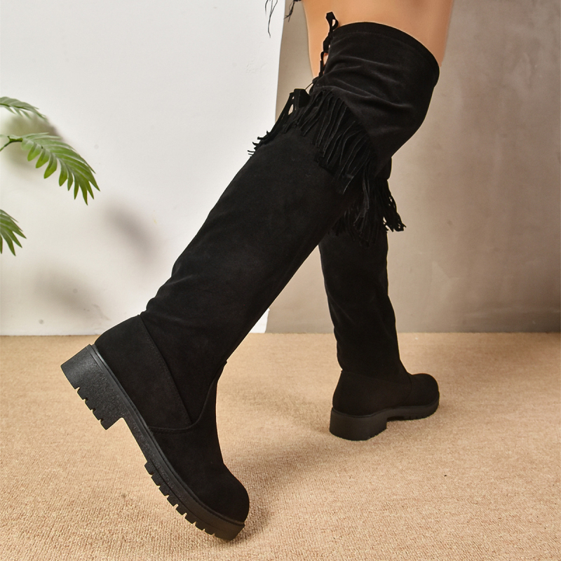 Καουμπόικες μπότες με χοντρό τακούνι, χοντρό κάτω μέρος, μπότες ιππότη με φούντα, σουέτ, μπότες με V-στόχο και λεπτή εμφάνιση για παιδιά