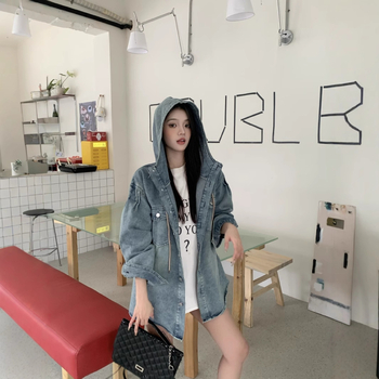 Real Shot Άνοιξη Vintage Τζιν Πουκάμισο με Κουκούλα, Μονόπετο Casual Πουκάμισο, Ριχτό Μπουφάν Εργασίας