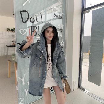 Real Shot Άνοιξη Vintage Τζιν Πουκάμισο με Κουκούλα, Μονόπετο Casual Πουκάμισο, Ριχτό Μπουφάν Εργασίας