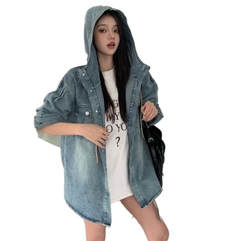 Real Shot Άνοιξη Vintage Τζιν Πουκάμισο με Κουκούλα, Μονόπετο Casual Πουκάμισο, Ριχτό Μπουφάν Εργασίας