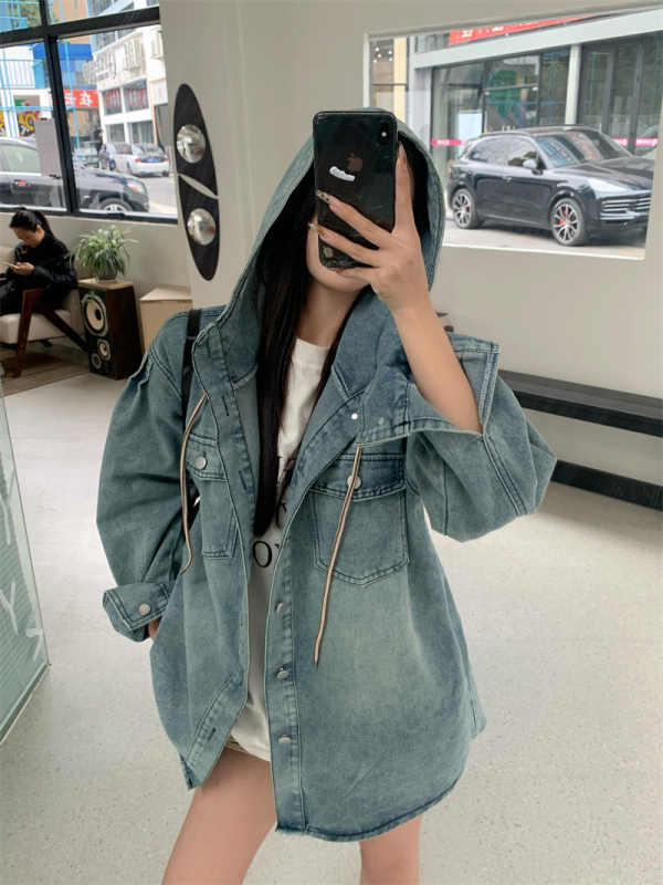 Real Shot Άνοιξη Vintage Τζιν Πουκάμισο με Κουκούλα, Μονόπετο Casual Πουκάμισο, Ριχτό Μπουφάν Εργασίας