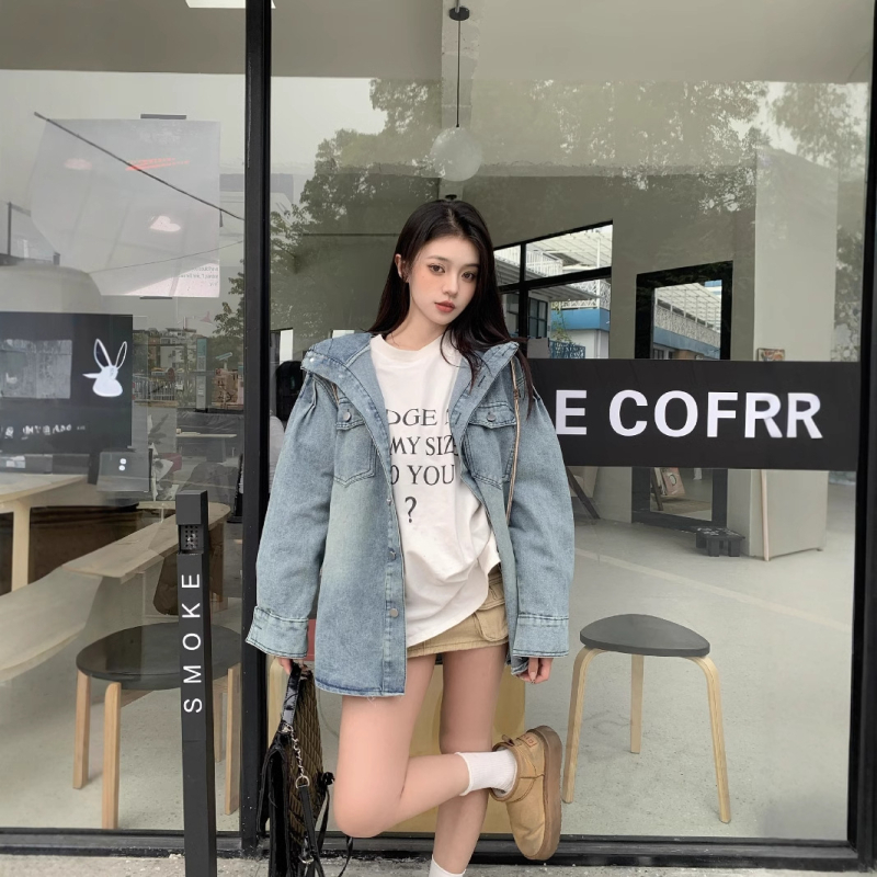 Real Shot Άνοιξη Vintage Τζιν Πουκάμισο με Κουκούλα, Μονόπετο Casual Πουκάμισο, Ριχτό Μπουφάν Εργασίας