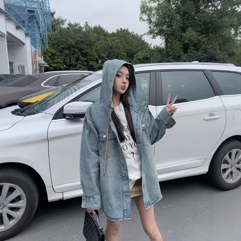 Real Shot Άνοιξη Vintage Τζιν Πουκάμισο με Κουκούλα, Μονόπετο Casual Πουκάμισο, Ριχτό Μπουφάν Εργασίας