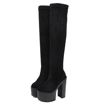 Γυναικείες μπότες 15cm χειμωνιάτικες, νέες μπότες με ψηλοτάκουνα, γυναικεία παπούτσια με χοντρό τακούνι, μαύρες λεπτές μπότες με λάστιχο στο γόνατο 526-5