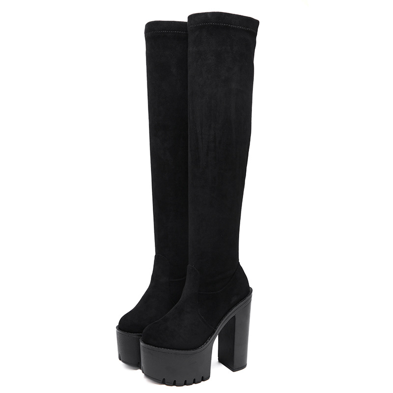 Γυναικείες μπότες 15cm χειμωνιάτικες, νέες μπότες με ψηλοτάκουνα, γυναικεία παπούτσια με χοντρό τακούνι, μαύρες λεπτές μπότες με λάστιχο στο γόνατο 526-5