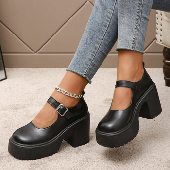 Μονόχρωμα γυναικεία παπούτσια 20204 φθινόπωρο νέο διασυνοριακό εξωτερικό εμπόριο συν μέγεθος στρογγυλό κεφάλι χοντρό κάτω χοντρό τακούνι αγκράφα ψηλοτάκουνα δερμάτινα παπούτσια μόδας