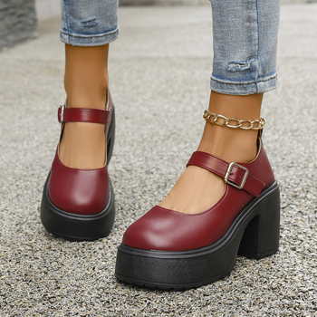 Μονόχρωμα γυναικεία παπούτσια 20204 φθινόπωρο νέο διασυνοριακό εξωτερικό εμπόριο συν μέγεθος στρογγυλό κεφάλι χοντρό κάτω χοντρό τακούνι αγκράφα ψηλοτάκουνα δερμάτινα παπούτσια μόδας
