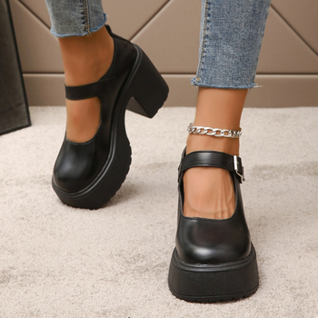 Μονόχρωμα γυναικεία παπούτσια 20204 φθινόπωρο νέο διασυνοριακό εξωτερικό εμπόριο συν μέγεθος στρογγυλό κεφάλι χοντρό κάτω χοντρό τακούνι αγκράφα ψηλοτάκουνα δερμάτινα παπούτσια μόδας