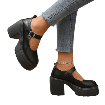 Μονόχρωμα γυναικεία παπούτσια 20204 φθινόπωρο νέο διασυνοριακό εξωτερικό εμπόριο συν μέγεθος στρογγυλό κεφάλι χοντρό κάτω χοντρό τακούνι αγκράφα ψηλοτάκουνα δερμάτινα παπούτσια μόδας