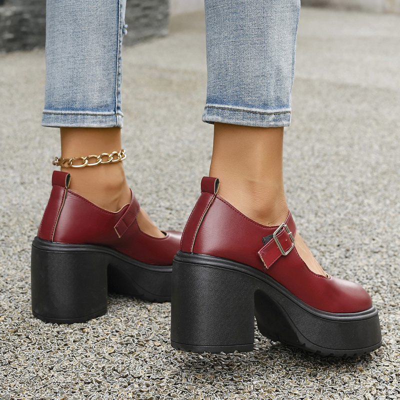 Μονόχρωμα γυναικεία παπούτσια 20204 φθινόπωρο νέο διασυνοριακό εξωτερικό εμπόριο συν μέγεθος στρογγυλό κεφάλι χοντρό κάτω χοντρό τακούνι αγκράφα ψηλοτάκουνα δερμάτινα παπούτσια μόδας
