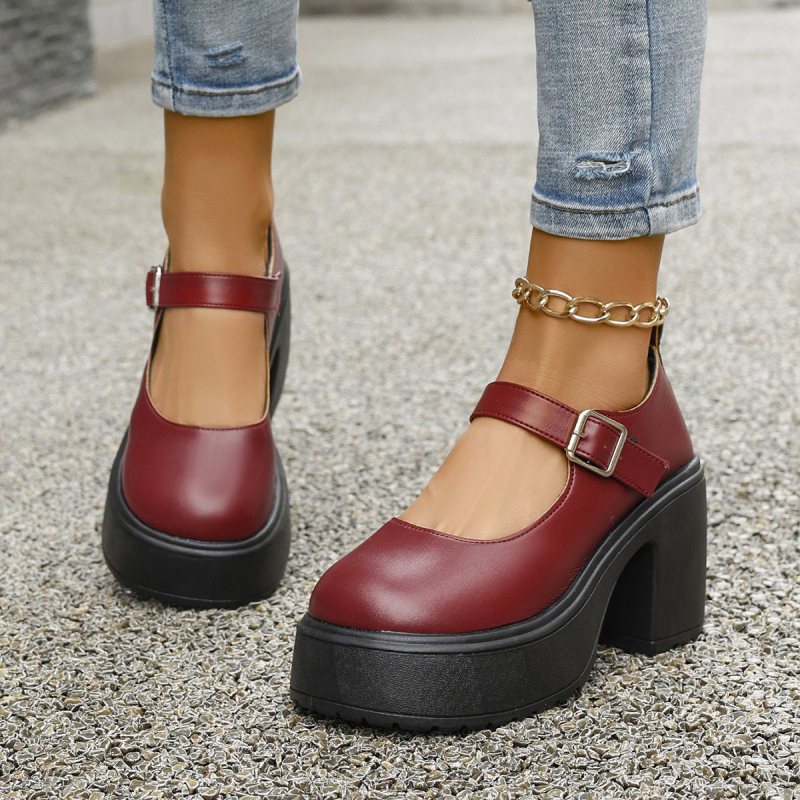 Μονόχρωμα γυναικεία παπούτσια 20204 φθινόπωρο νέο διασυνοριακό εξωτερικό εμπόριο συν μέγεθος στρογγυλό κεφάλι χοντρό κάτω χοντρό τακούνι αγκράφα ψηλοτάκουνα δερμάτινα παπούτσια μόδας
