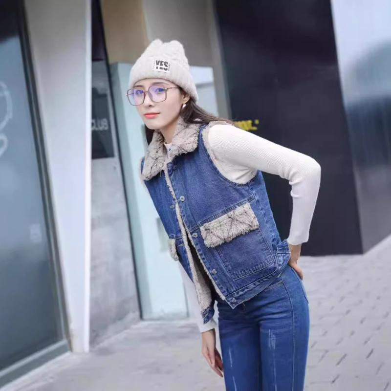 Denim-puuvillast vest naiste hulgimüügist vabaaja ruuduline plüüšvest talvine kašmiirist õhuke vest 2024. aasta uus trend