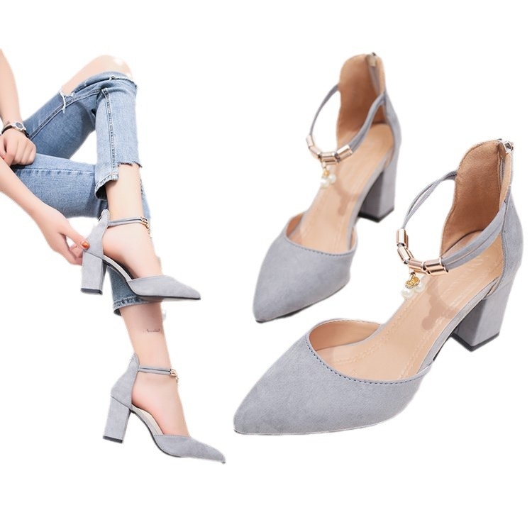 Νέα γυναικεία σανδάλια με κλειστά δάχτυλα και χοντρό τακούνι, ψηλοτάκουνα, γυναικεία παπούτσια με μυτερή μύτη, καλοκαιρινά παπούτσια με κούφιες χάντρες, άνοιξη και φθινόπωρο 2023