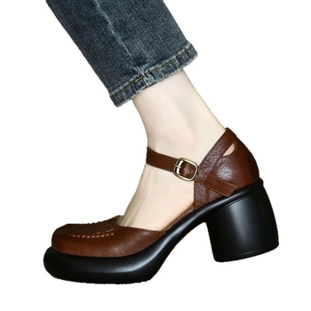 Μικρά γυναικεία χοντρά σανδάλια μέχρι τα κάτω δάχτυλα, καλοκαιρινά, με χοντρό τακούνι, δερμάτινα με αγκράφα και πλατφόρμα, ψηλοτάκουνα παπούτσια με αγκράφα και ρηχό στόμα.