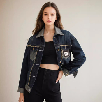 Σε απόθεμα Γυναικείο Φθινοπωρινό 2024, Νέα Κορεάτικη Εκδοχή Χαλαρού Ρετρό Μπλε Ραπτικού Τζιν με Μακρυμάνικο Κοντό Παλτό σε Χρώμα Αντίθεσης