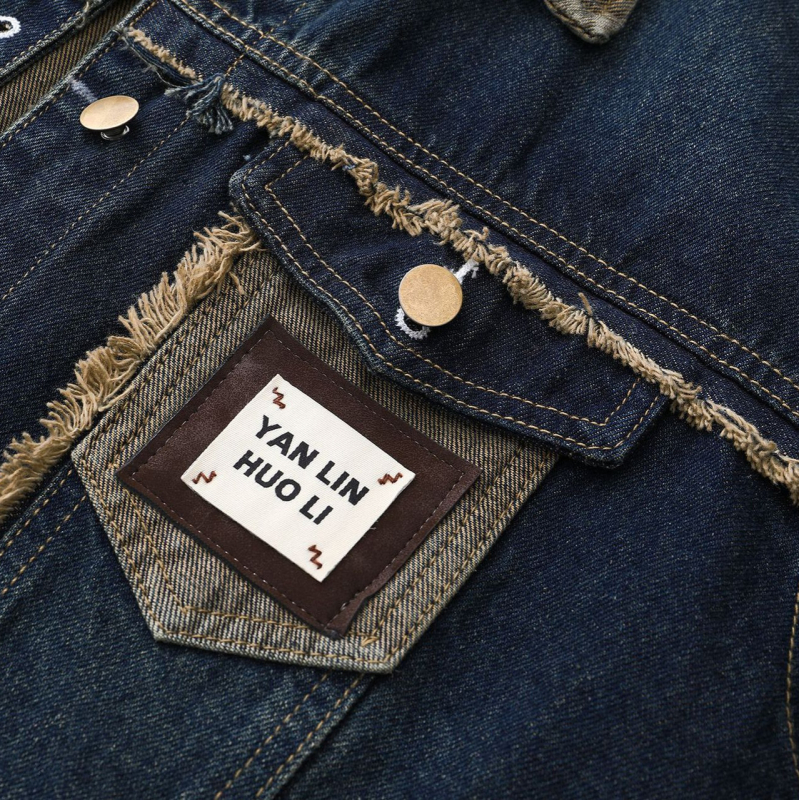 Σε απόθεμα Γυναικείο Φθινοπωρινό 2024, Νέα Κορεάτικη Εκδοχή Χαλαρού Ρετρό Μπλε Ραπτικού Τζιν με Μακρυμάνικο Κοντό Παλτό σε Χρώμα Αντίθεσης