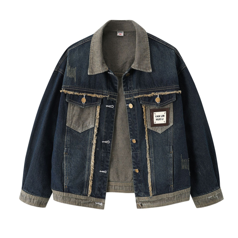 Σε απόθεμα Γυναικείο Φθινοπωρινό 2024, Νέα Κορεάτικη Εκδοχή Χαλαρού Ρετρό Μπλε Ραπτικού Τζιν με Μακρυμάνικο Κοντό Παλτό σε Χρώμα Αντίθεσης