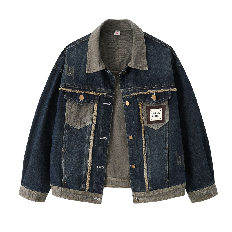 Σε απόθεμα Γυναικείο Φθινοπωρινό 2024, Νέα Κορεάτικη Εκδοχή Χαλαρού Ρετρό Μπλε Ραπτικού Τζιν με Μακρυμάνικο Κοντό Παλτό σε Χρώμα Αντίθεσης