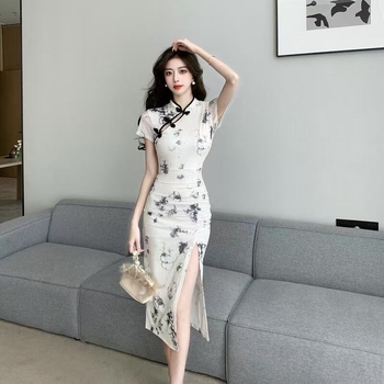 Κινέζικο φόρεμα για κορίτσια, τεχνικός, ρετρό φόρεμα Cheongsam, υψηλής ποιότητας, σφιχτή στη μέση, πλισέ τσάντα, αδυνάτισμα, μεσαίου μήκους γοφούς