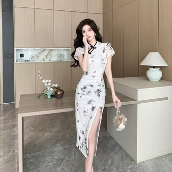 Κινέζικο φόρεμα για κορίτσια, τεχνικός, ρετρό φόρεμα Cheongsam, υψηλής ποιότητας, σφιχτή στη μέση, πλισέ τσάντα, αδυνάτισμα, μεσαίου μήκους γοφούς