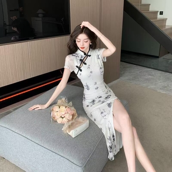 Κινέζικο φόρεμα για κορίτσια, τεχνικός, ρετρό φόρεμα Cheongsam, υψηλής ποιότητας, σφιχτή στη μέση, πλισέ τσάντα, αδυνάτισμα, μεσαίου μήκους γοφούς