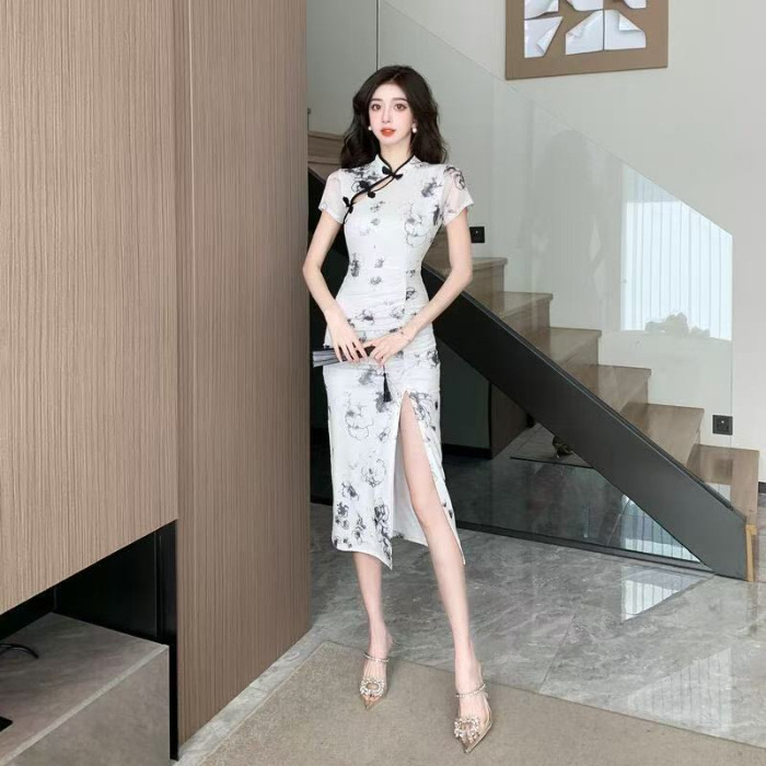 Κινέζικο φόρεμα για κορίτσια, τεχνικός, ρετρό φόρεμα Cheongsam, υψηλής ποιότητας, σφιχτή στη μέση, πλισέ τσάντα, αδυνάτισμα, μεσαίου μήκους γοφούς