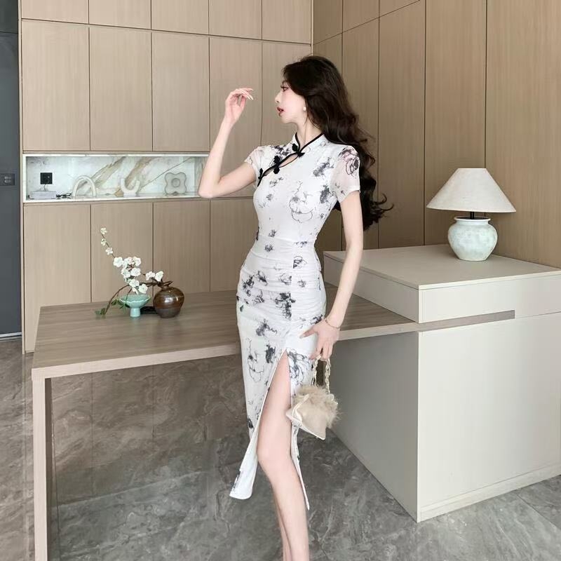 Κινέζικο φόρεμα για κορίτσια, τεχνικός, ρετρό φόρεμα Cheongsam, υψηλής ποιότητας, σφιχτή στη μέση, πλισέ τσάντα, αδυνάτισμα, μεσαίου μήκους γοφούς
