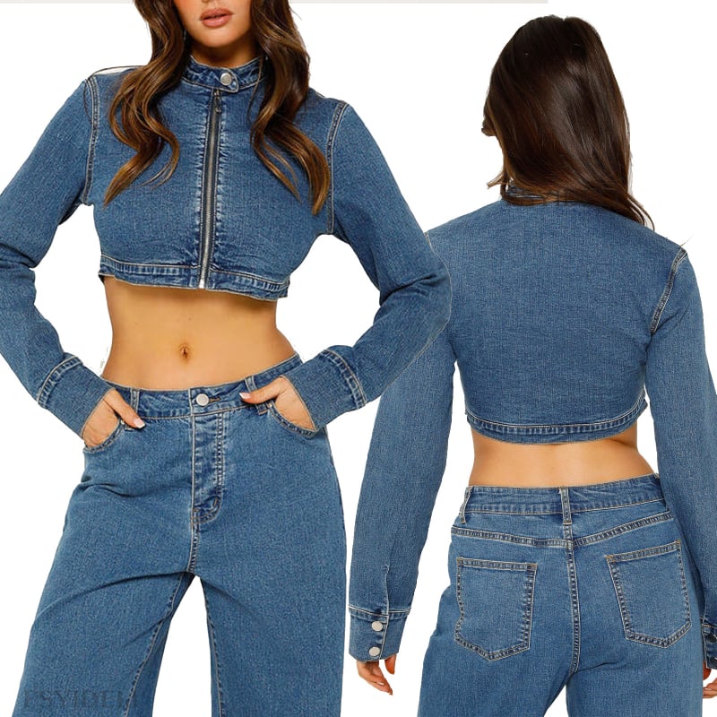 Jachetă cardigan cu fermoar pentru comerț exterior, Spice Girl, top cu mânecă lungă, guler înalt, scurtă, jachetă din denim pentru femei, primăvară și toamnă SU3455