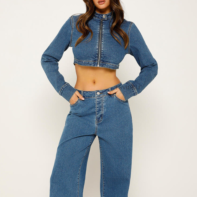 Moteriškas pavasario ir rudens užsienio prekybos kardiganas su užtrauktuku, „Spice Girl“ palaidinė su ilgomis rankovėmis, stinga apykakle, trumpas džinsinis švarkelis SU3455