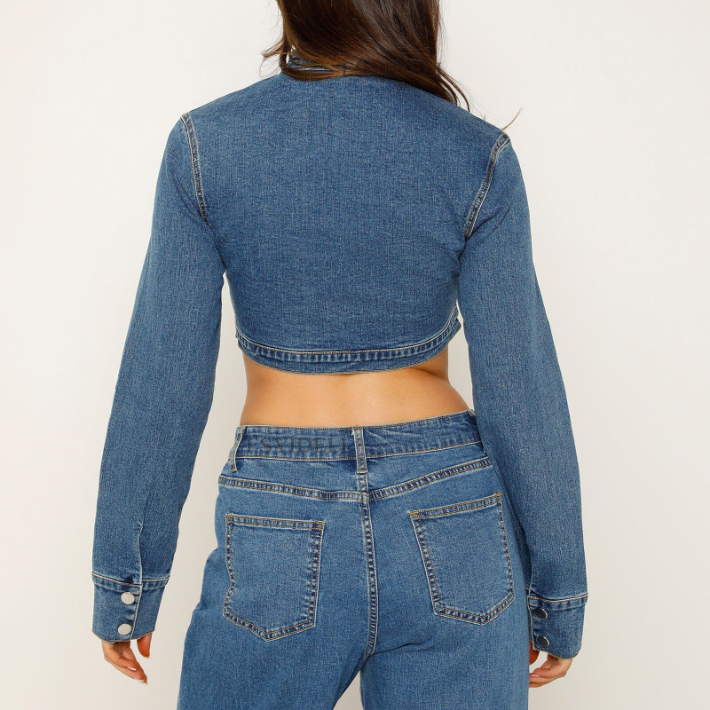 Moteriškas pavasario ir rudens užsienio prekybos kardiganas su užtrauktuku, „Spice Girl“ palaidinė su ilgomis rankovėmis, stinga apykakle, trumpas džinsinis švarkelis SU3455