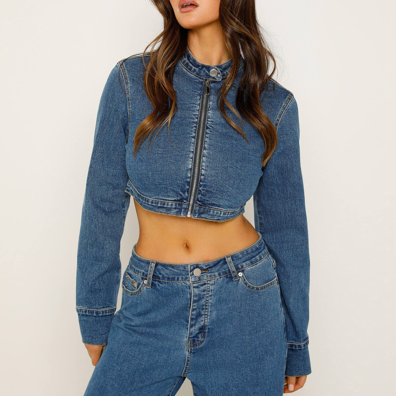 Moteriškas pavasario ir rudens užsienio prekybos kardiganas su užtrauktuku, „Spice Girl“ palaidinė su ilgomis rankovėmis, stinga apykakle, trumpas džinsinis švarkelis SU3455