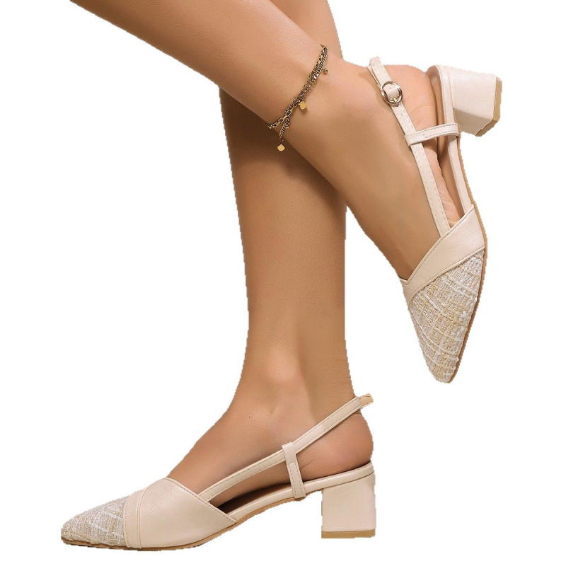 Γυναικεία παπούτσια Chanel Style Baotou με χοντρό τακούνι, μονής στρώσης, σε διασυνοριακό στυλ, για μεγάλα μεγέθη, άνοιξη και καλοκαίρι, νέα, μυτερά σανδάλια με ένα δάχτυλο και τακούνι στη μέση.