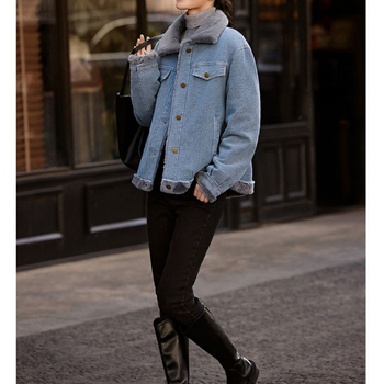 Χειμερινό βελούδινο μπουφάν κοντό με χοντρό τζιν παλτό φθινόπωρο και χειμώνας 2025 νέα πολυτελή ευρωπαϊκά προϊόντα λίμνη μπλε απευθείας πωλήσεις