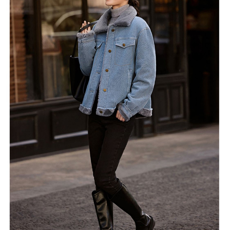 Χειμερινό βελούδινο μπουφάν κοντό με χοντρό τζιν παλτό φθινόπωρο και χειμώνας 2025 νέα πολυτελή ευρωπαϊκά προϊόντα λίμνη μπλε απευθείας πωλήσεις
