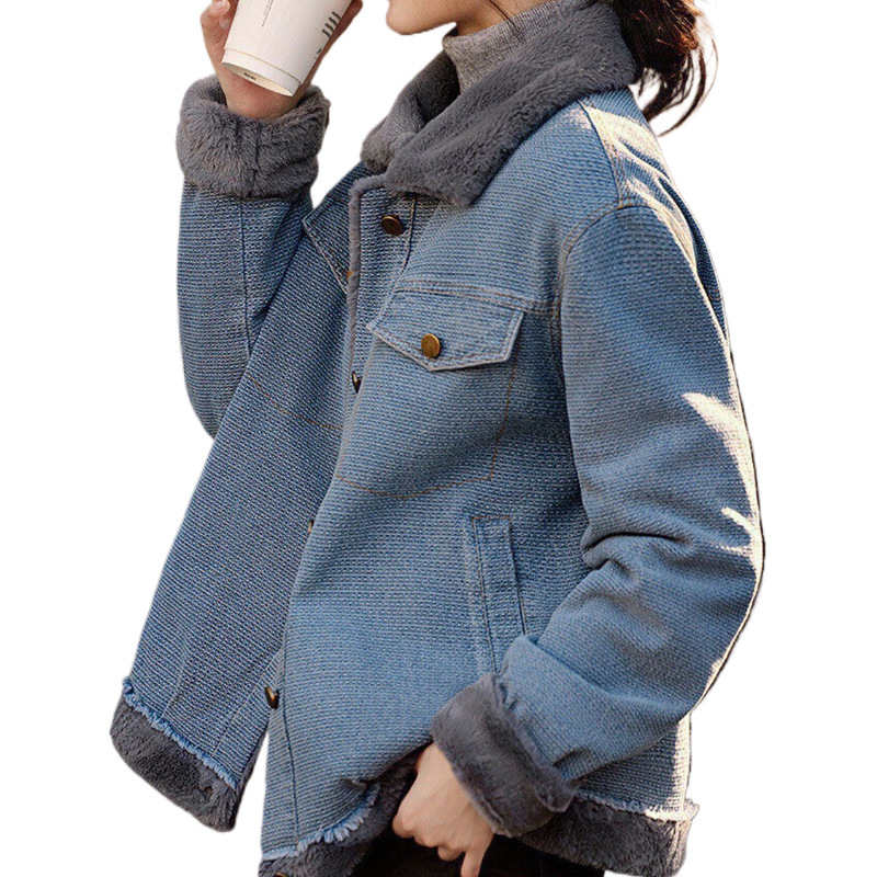Χειμερινό βελούδινο μπουφάν κοντό με χοντρό τζιν παλτό φθινόπωρο και χειμώνας 2025 νέα πολυτελή ευρωπαϊκά προϊόντα λίμνη μπλε απευθείας πωλήσεις