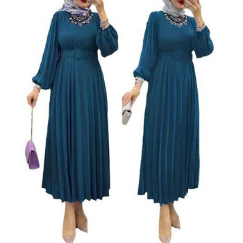 M2618 Μουσουλμάνα Γυναικεία Μονόχρωμη Πτυχωτή Φόρεμα με Ζώνη και Πλισέ Μανίκια, Μόδα, Κομψό, Κομψό, Νέο Φόρεμα