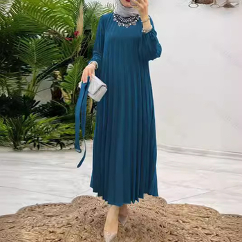 M2618 Μουσουλμάνα Γυναικεία Μονόχρωμη Πτυχωτή Φόρεμα με Ζώνη και Πλισέ Μανίκια, Μόδα, Κομψό, Κομψό, Νέο Φόρεμα