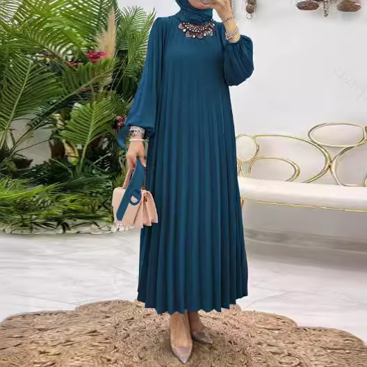 M2618 Μουσουλμάνα Γυναικεία Μονόχρωμη Πτυχωτή Φόρεμα με Ζώνη και Πλισέ Μανίκια, Μόδα, Κομψό, Κομψό, Νέο Φόρεμα