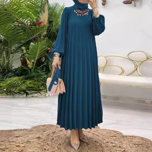 M2618 Μουσουλμάνα Γυναικεία Μονόχρωμη Πτυχωτή Φόρεμα με Ζώνη και Πλισέ Μανίκια, Μόδα, Κομψό, Κομψό, Νέο Φόρεμα