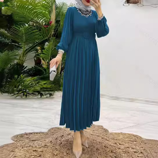 M2618 Μουσουλμάνα Γυναικεία Μονόχρωμη Πτυχωτή Φόρεμα με Ζώνη και Πλισέ Μανίκια, Μόδα, Κομψό, Κομψό, Νέο Φόρεμα