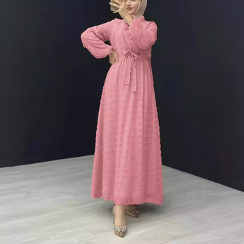 M2586 Διασυνοριακά Μουσουλμανικά Γυναικεία Ρούχα Μέσης Ανατολής Νέα Μονόχρωμη Ζακάρ Ρόμπα με Ζώνη, Κομψό Φόρεμα