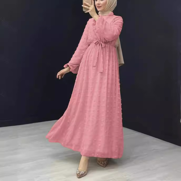 M2586 Διασυνοριακά Μουσουλμανικά Γυναικεία Ρούχα Μέσης Ανατολής Νέα Μονόχρωμη Ζακάρ Ρόμπα με Ζώνη, Κομψό Φόρεμα